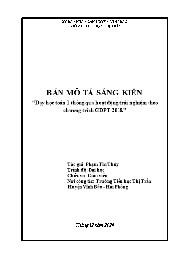 Báo cáo Sáng kiến Dạy học toán 1 thông qua hoạt động trải nghiệm theo chương trình GDPT 2018