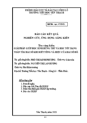 Sáng kiến kinh nghiệm Giải pháp giúp học sinh hứng thú và học tốt dạng toán tìm hai số khi biết tổng và hiệu của hai số đó