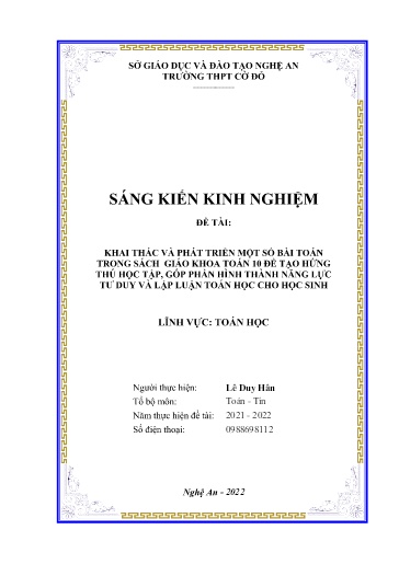 Sáng kiến kinh nghiệm Khai thác và phát triển một số bài toán trong sách giáo khoa Toán 10 để tạo hứng thú học tập, góp phần hình thành năng lực tư duy và lập luận toán học cho học sinh