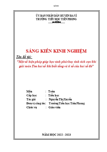 Sáng kiến kinh nghiệm Một số biện pháp giúp học sinh phát huy tính tích cực khi giải toán Tìm hai số khi biết tổng và tỉ số của hai số đó