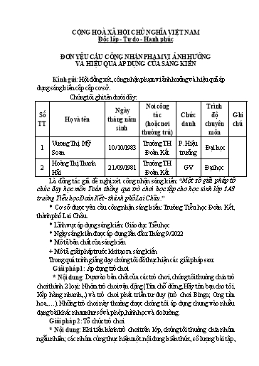 Sáng kiến kinh nghiệm Một số giải pháp tổ chức dạy học môn Toán thông qua trò chơi học tập cho học sinh lớp 1A3 trường Tiểu học Đoàn Kết - Thành phố Lai Châu