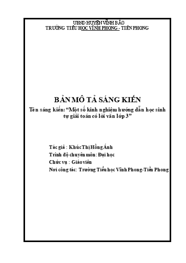 Sáng kiến kinh nghiệm Một số kinh nghiệm hướng dẫn học sinh tự giải toán có lời văn lớp 3