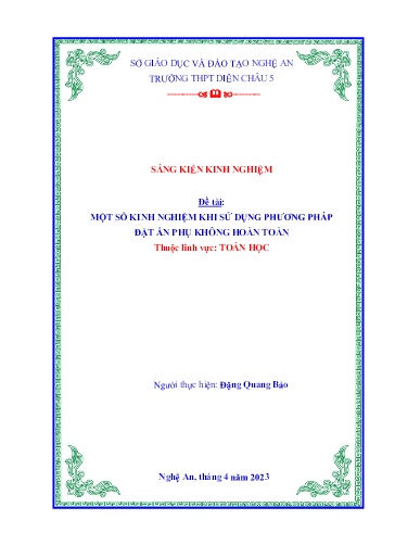 Sáng kiến kinh nghiệm Một số kinh nghiệm khi sử dụng phương pháp đặt ẩn phụ không hoàn toàn