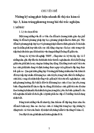 Sáng kiến kinh nghiệm Những kỹ năng phát hiện nhanh đồ thị của hàm số bậc 3, hàm trùng phương trong bài thi trắc nghiệm
