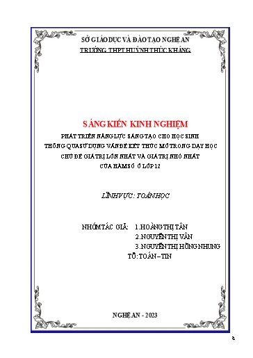 Sáng kiến kinh nghiệm Phát triển năng lực sáng tạo cho học sinh thông qua sử dụng vấn đề kết thúc mở trong dạy học chủ đề giá trị lớn nhất và giá trị nhỏ nhất của hàm số ở lớp 12