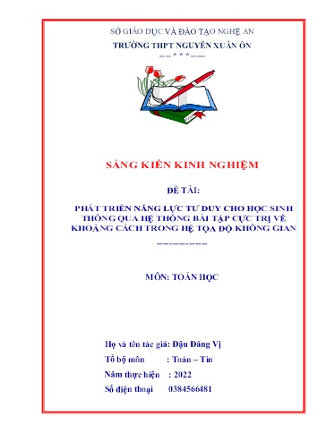 Sáng kiến kinh nghiệm Phát triển năng lực tư duy cho học sinh thông qua hệ thống bài tập cực trị về khoảng cách trong hệ tọa độ không gian