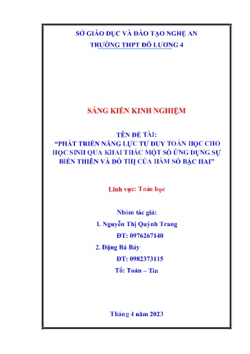 Sáng kiến kinh nghiệm Phát triển năng lực tư duy toán học cho học sinh qua khai thác một số ứng dụng sự biến thiên và đồ thị của hàm số bậc hai