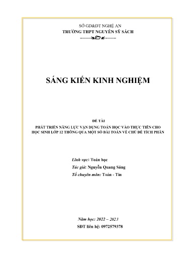 Sáng kiến kinh nghiệm Phát triển năng lực vận dụng toán học vào thực tiễn cho học sinh lớp 12 thông qua một số bài toán về chủ đề Tích phân