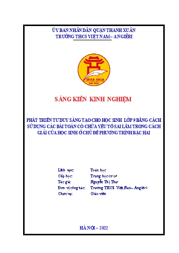 Sáng kiến kinh nghiệm Phát triển tư duy sáng tạo cho học sinh lớp 9 bằng cách sử dụng các bài toán có chứa yếu tố sai lầm trong cách giải của học sinh ở chủ đề phương trình bậc hai