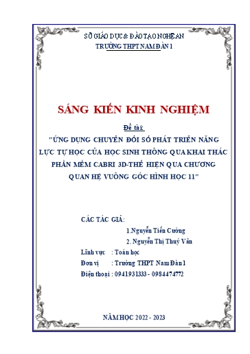 SKKN Ứng dụng chuyển đổi số phát triển năng lực tự học của học sinh thông qua khai thác phần mềm cabri 3d-thể hiện qua chương quan hệ vuông góc Hình học 11