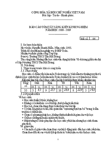 Tóm tắt SKKN Hướng dẫn học sinh vận dụng hệ thức Vi-ét trong giải toán đại số lớp 9 trường THCS Tân Hội Trung